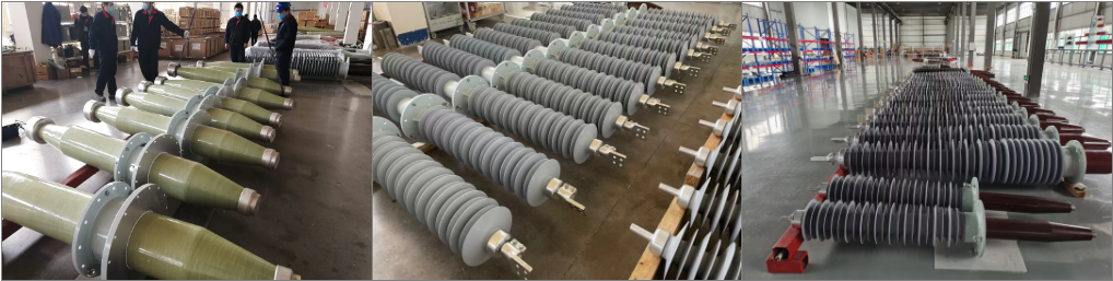 Rows of high voltage bushings in production and inspection areas